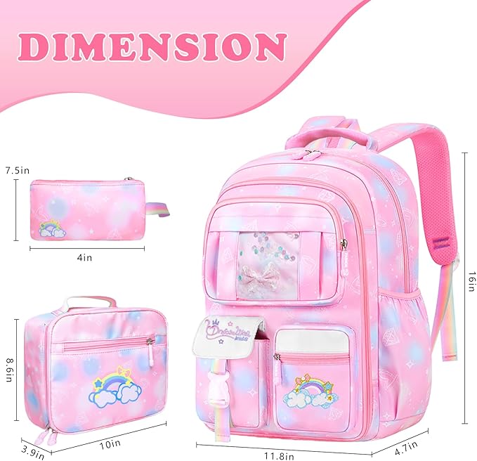3PCS SET kids backpacks for girls, bookbag for girls backpack with lunch box Pencil Pouch Set back to school supplies for Kid, School backpack for girl Elementary School Student(PINK)