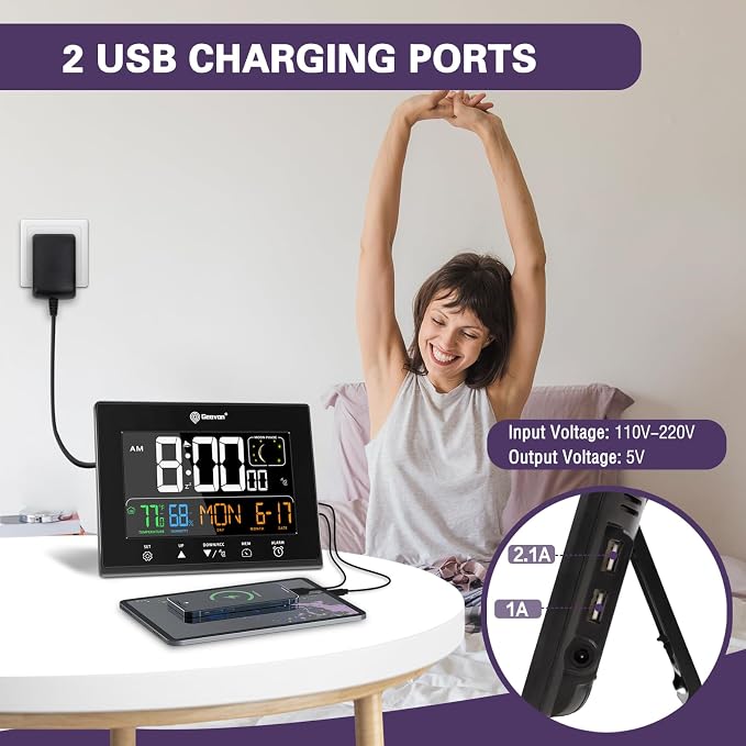 Geevon Digital Atomic Wall Clocks for Seniors Elderly | Self-Setting VA Display Battery Clock with Temp & Humidity,With 2 USB Ports, Calendar & Moon Phases for Living Room Office