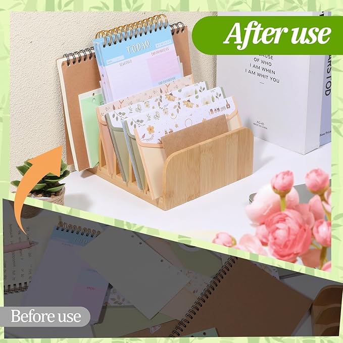 Bamboo Mail Desk Organizer, 5 Slots Bamboo File Mail Holder Organizer, Vertical Countertop Organizers Holder for Home, Office, Magazine, Book Envelope, Paper, Bill