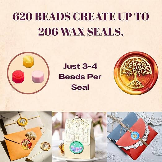 xxxHOLIC 620 Pcs Sealing Wax Beads Kit, 24 Colors with 1 Spoon & 6 Candles | Crack-resistant, smokeless wax beads melt smoothly for glossy seals on invitations, envelopes, gift wrapping and DIY crafts.