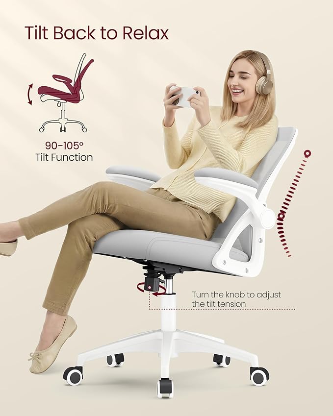 VASAGLE Ergonomic Mesh Office Chairs with Adjustable Lumbar Support, 90-105° Tilt Function, Wide Seat, Flip‑Up Armrests, Computer Desk Chairs for Home Office, Set of 2, Dove Gray
