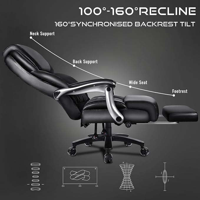 OFIKA 600lbs Big and Tall Office Chair with Foot Rest and Lifting Headrest,Large Heavy Duty Chair with Adjustable Lumber Support,Executive Office Chair,Leather Chair for Heavy People (Black)