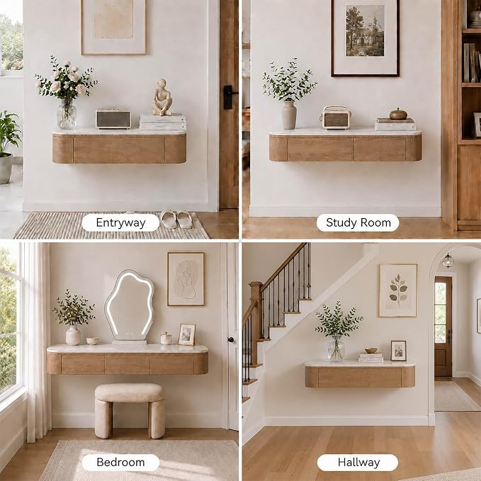 Floating Makeup Vanity Desk With Drawers Wall Mounted Makeup Table With Storage Fully Assembled Floating Vanity Desk Space Saving Modern Dressing Table For Bedroom Closet(Walnut Marble,23.6")