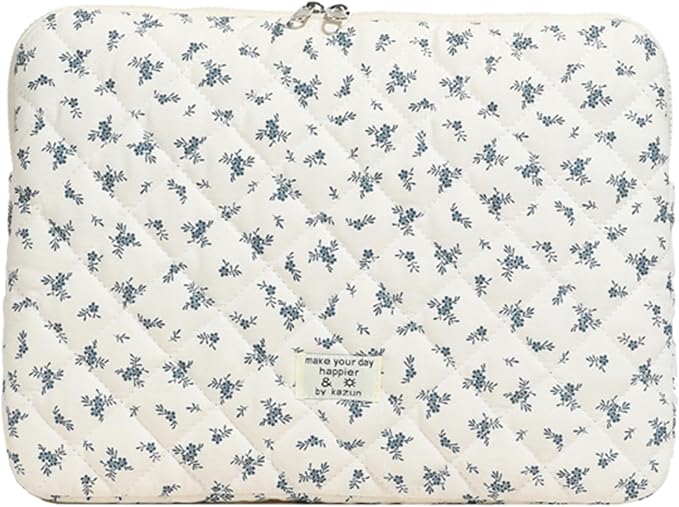Cute Laptop Sleeve 13-15 inch Laptop Case Aesthetic Quilted Laptop Sleeve Computer Bag with Flower Printing for MacBook (Blue, 13inch)