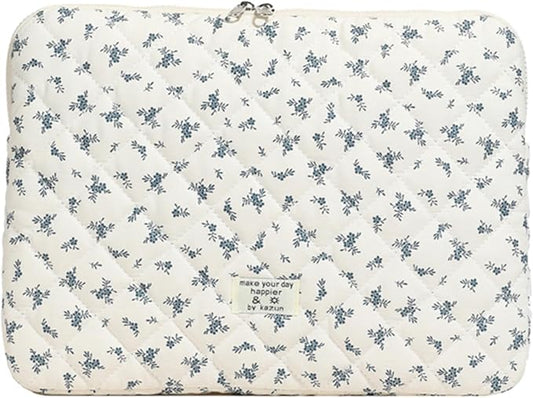 Cute Laptop Sleeve 13-15 inch Laptop Case Aesthetic Quilted Laptop Sleeve Computer Bag with Flower Printing for MacBook (Blue, 13inch)