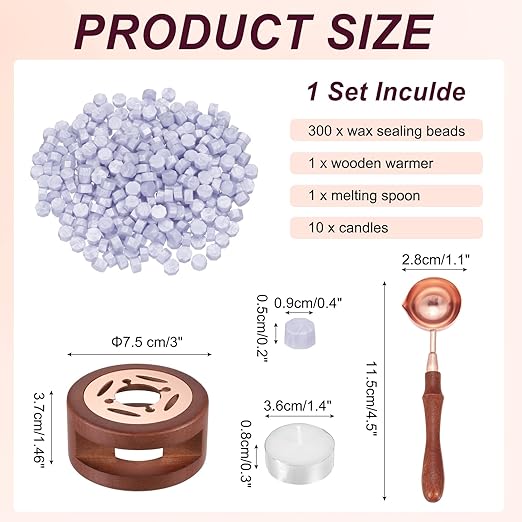 PATIKIL Wax Seal Kit, 300 Pcs Wax Sealing Beads, Wooden Warmer, Melted Spoon, 10 Pcs Tealight Candles for Envelope Letter Mailing Crafts DIY, Light Purple