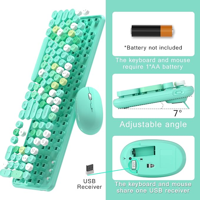 MPTOG Colorful Wireless Computer Keyboard and Mouse Combo with Round Typewriter Keycaps, Retro Design, Power Switch, Ergonomic Design, 2.4GHz Wireless for Windows, Mac, PC(Green-Colorful)