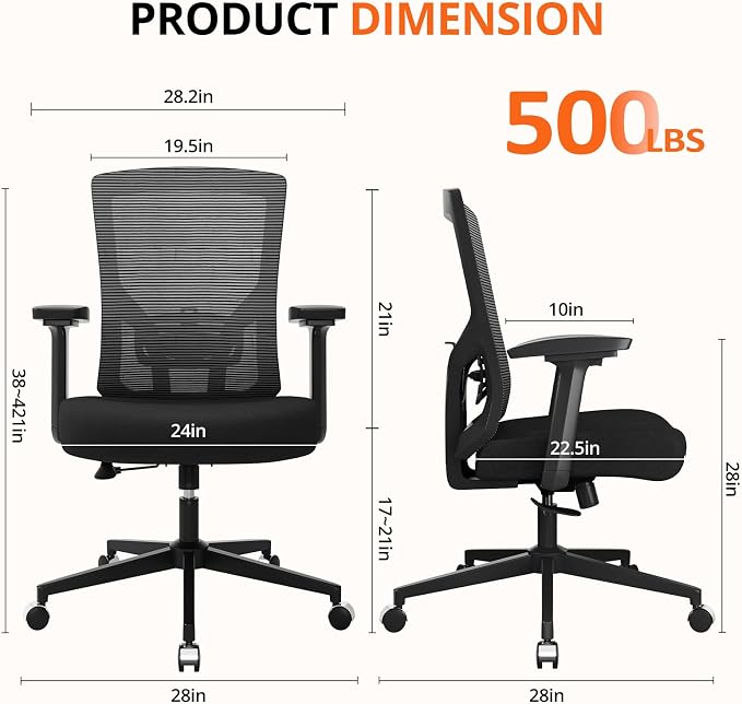 500 lbs Big and Tall Office Chair, Heavy Duty Mesh Desk Chairs with Comfort Spring-Supported Extra-Wide Seat Cushion, 3D Armrests, Ergonomic Breathable Computer Chair for Heavy People