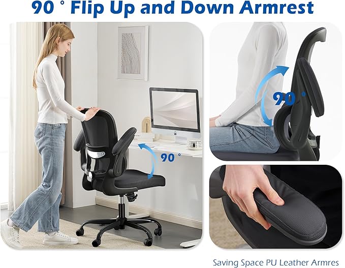 TRALT Ergonomic Office Chair - Desk Chair with Adjustable Headrest Lumbar Support Computer Chair - Mesh Comfy Chair with Flip-up Armrests - Gaming Chair for Adults Home Office PU, Black, Pack of 8
