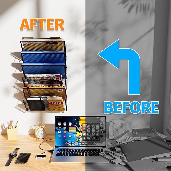 Magnetic File Holder, 6-Tier Foldable No Drilling Magnetic File Folder Holder, Space-Saving Black Magnetic Hanging File Organizer for Whiteboard, File Cabinets, Refrigerator, Office, Kitchen