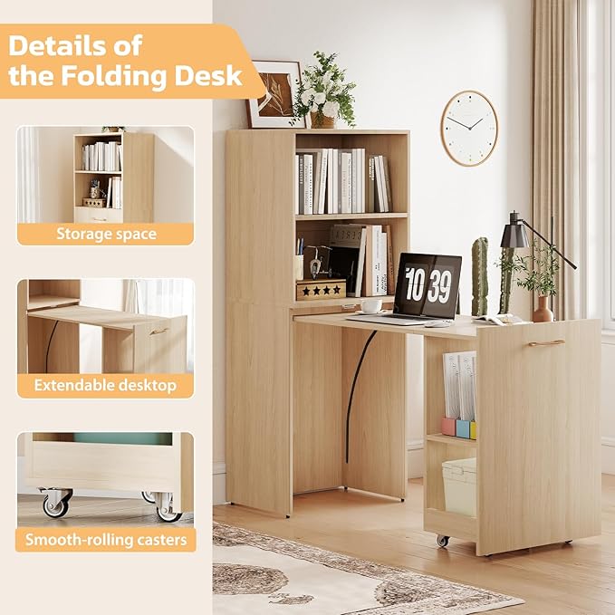 Zevemomo Folding Desk with Storage, Convertible Table with Shelves & Wheels, Craft Cabinet with Fold Out Table, Compact Computer Desk for Small Space, Reversible L Shaped Desk - Beige