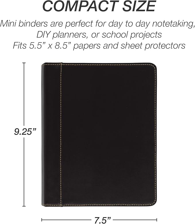 Samsill 1" Junior Size 3 Ring Binder, Leather, Black with Contrast Stitching, Holds 8.5 x 5.5 Paper, 3 Rings, Notebook Binder, Portfolio Organizer, Planner, Journal