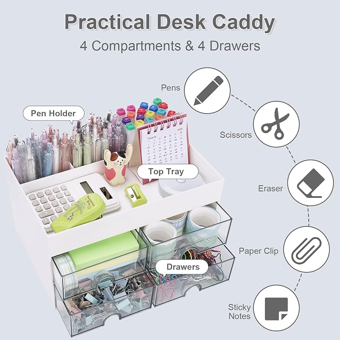 Meiikun Desk Organizer, Office Organizer with Drawer, Desk Accessories & Workspace Organizers, Pen Holder Office Supplies for Desk (4 Drawers+4 Compartments, White)