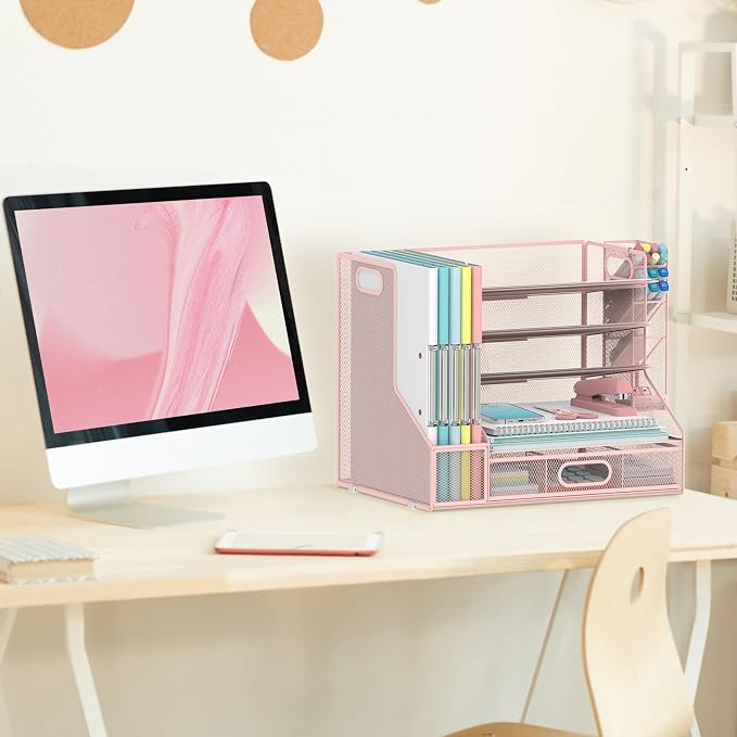 Desk Organizer with 5 Tier File Holder and Sliding Drawer Pen Holder Pink | Paper Letter Tray with 3 Tilted File Sorters to Keep Desk Accessories and Office Supplies within Reach