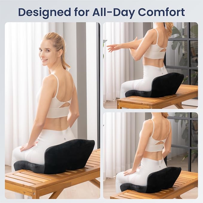 Alcedo Ergonomic Memory Foam Seat Cushion for Office Chair & Car Seat – Firm Back Support for Tailbone & Sciatica Pressure Relief, Non-Slip, Breathable & Washable Cover