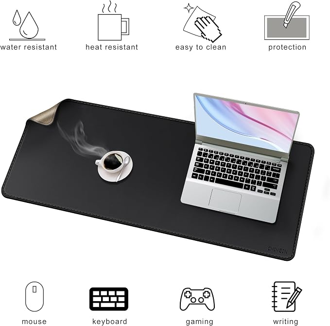 Chihein 43" x 16" 3XL Desk Mat with Cork & PU Leather (Black), Dual Sided Desk Pad Protector, Waterproof Computer Desk Mat for Gaming, Office, Home