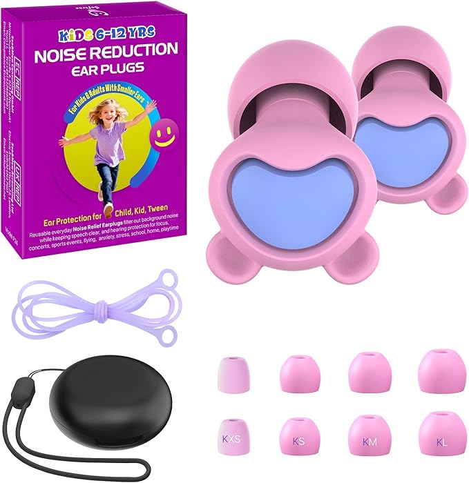 Kids Noise Reduction Ear Plugs(6+yrs) – Reusable Child Ear Protection for Sensitive Ears, Comfortable Earplugs for School, Travel, Focus, Concert, Sleep & Loud Events – 4 Sizes Ear Tips, 26dB,PKPL