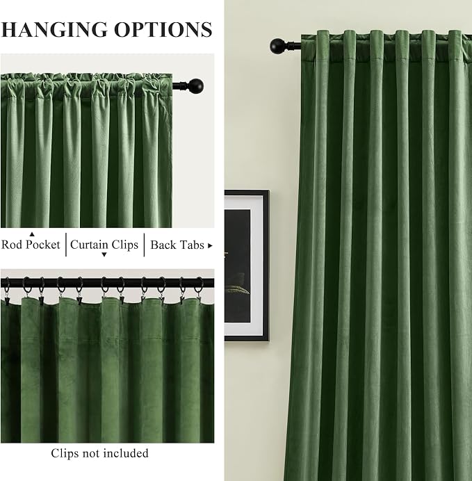 Olive Green Velvet Blackout Curtains 84 Inches, Luxury Soundproof Thermal Insulated Super Soft Curtain Room Darkening Drapes with Back Tab Rod Pocket for Bedroom Living Room, W52 x L84, 2 Panels