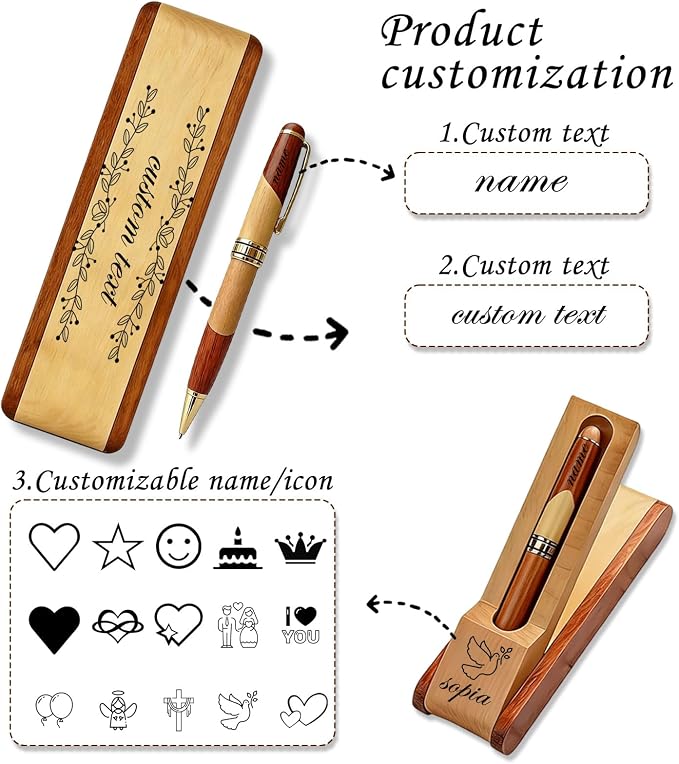 Custom Pen Set with Name Text Personalized Wood Ballpoint Pens Box Customized Engraving Pen Gift Set for Men Women Boss Colleagues Friends Graduation Christmas Fathers Day (Custom Pen 1)