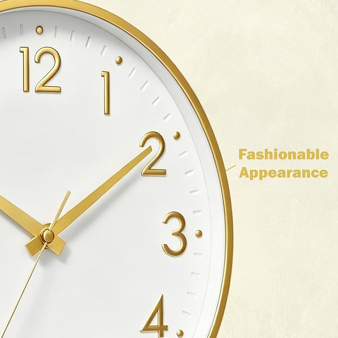 Mosewa 12 Inch Wall Clock Battery Operated Silent Non Ticking Analog | White Gold modern clock; oversized 3D easy-read dial for kitchen, bedroom & office; 1 AA battery (not included)