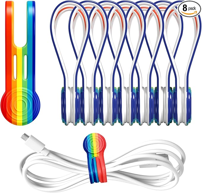 Kanemc Reusable Silicone Magnetic Cable Ties,8 PCS Magnetic Cord Organizer | Multi-Purpose Cord Ties for Cable Bundling, Organizing, Bookmarks & Fridge Magnets,Magnetic Twist Ties(Rainbow Color)