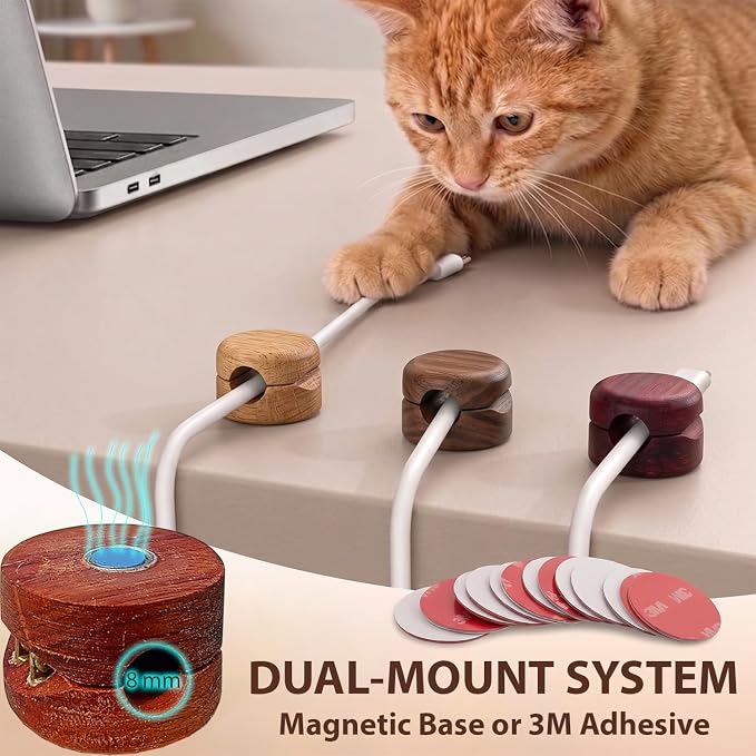 8 Pack Magnetic Cable Clips, Wooden Desk Cable Organizer and Cord Holder, Dual Mount N35 Magnet or 3M Adhesive, Cable Management for Phone Charger, USB-C and Laptop Cords