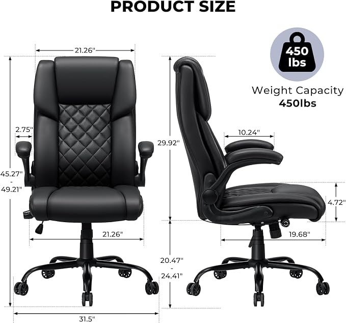 VANSPACE Executive Office Chair Big and Tall 450lbs Heavy Duty Desk Chairs with Adjustable Lumbar Support High Back Home Computer Leather Chair with Flip-up Armrests for Heavy People,Black