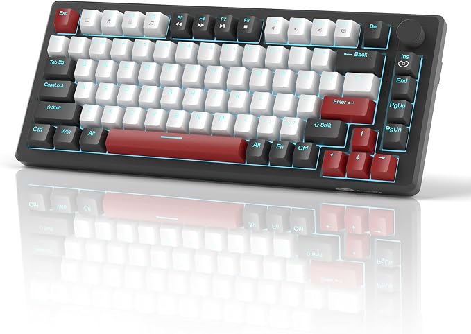 MageGee 75% Mechanical Gaming Keyboard, Compact Blue Backlit Wired Gaming Keyboards with Red Switches, EVA Foam, Knob Control, STAR75 Portable NKRO PC Gaming Keyboard - Black & White