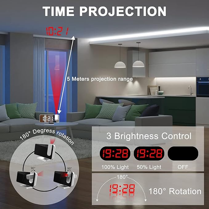 Projection Digital Alarm Clock for Bedrooms, Clock Radio on Ceiling, USB | Charger Port, Temperature & Humidity Display, 7.3” Large Mirror LED Display,12/24H,Snooze,Dual Loud Alarm Clock- 4 Dimmer