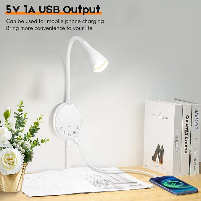 SANKEDOU LED Wall Mount Reading Light, Bedside Reading Lights with Touch Control, 5 Dimmable, USB Output, Night Light & Timers, Flexible Gooseneck Headboard Bed Lights wall Sconce (White-2P)