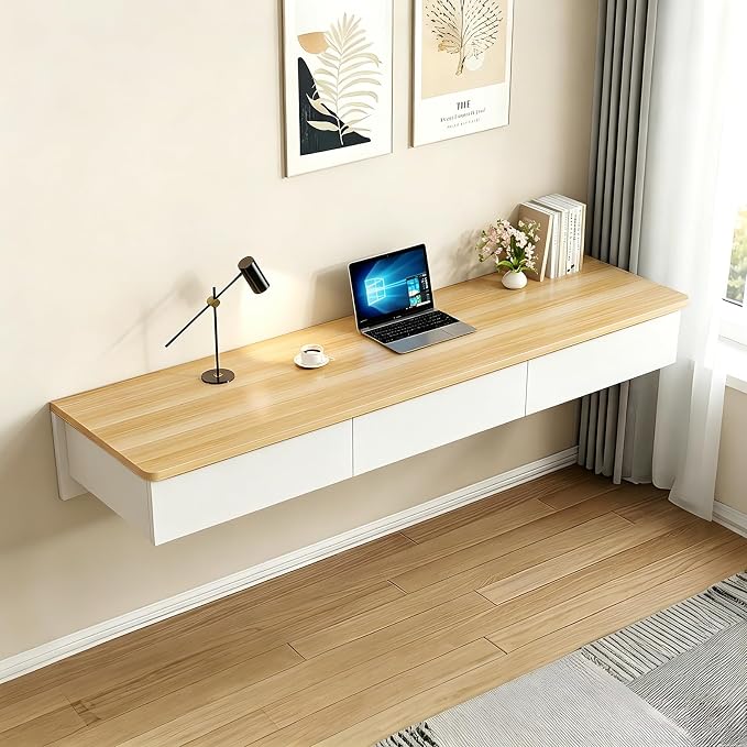Floating Desk with Drawers, Wood Wall Mounted Desk, Floating Makeup Vanity, Space Saving, Sturdy and Stable, Floating Table for Living Room, Bedroom, Home, Office, White
