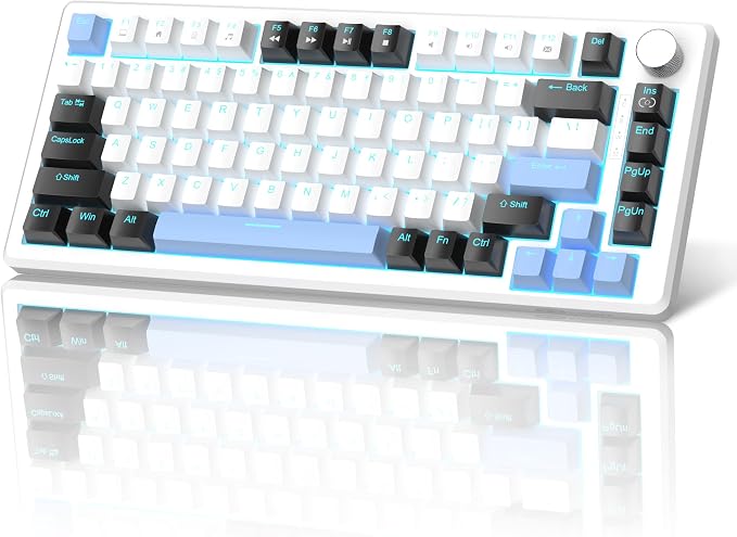 MageGee 75% Mechanical Gaming Keyboard, Compact Blue Backlit Wired Gaming Keyboards with Brown Switches, EVA Foam, Knob Control, STAR75 Portable NKRO PC Gaming Keyboard - White & Blue