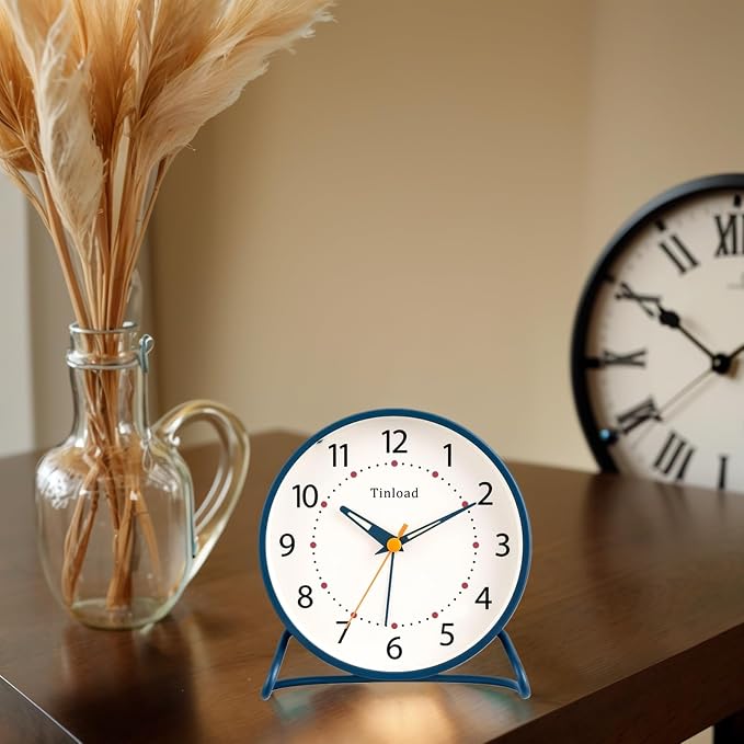 Tinload 4.5" Antique Retro Analog Alarm Clock, Small Silent Desk Clock with Manual Light, Snooze, for Living Room, Bedroom, Bedside, Desk(Blue)