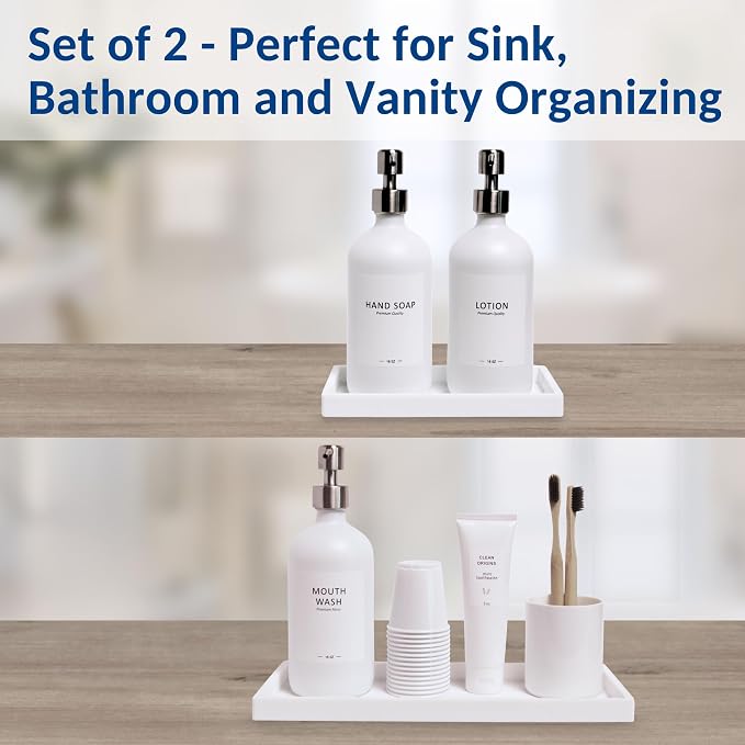 Countertop & Vanity Silicone Tray – 2 PC (11.7" & 7.7") Set | Bathroom Tray & Kitchen Soap Tray Set, Bathroom Counter Tray, Kitchen Sink Dish Soap Tray for Countertop Organization