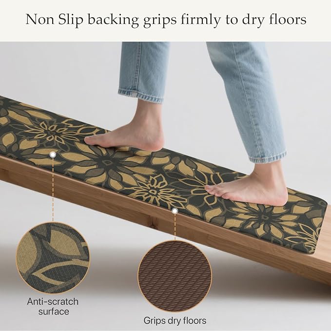 GENIMO Anti Fatigue Kitchen Mats for Floor 2PCS, Cushioned Standing Mats | 17.3"x59"&17.3"x30", Black Brown vintage floral rug set, waterproof, non slip, easy-clean for farmhouse