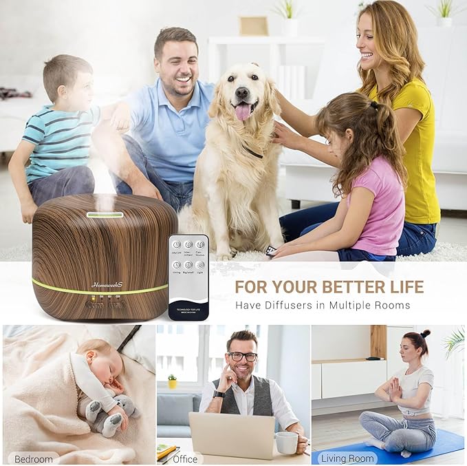 Aromatherapy Essential Oil Diffuser for Room: Air Humidifier Aroma Scent Cool Mist Diffuser Colorful Lights Wood Cute Small Large Waterless Auto Off Ultrasonic Diffusers for Home Bedroom (300ml)