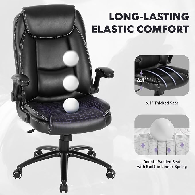 MALOL 300lbs Office Chair with Flip-Up Armrests & Reclining Backrest, Ergonomic PU Leather Executive Desk Chair-Adjustable Height & Tilt Tension, Black