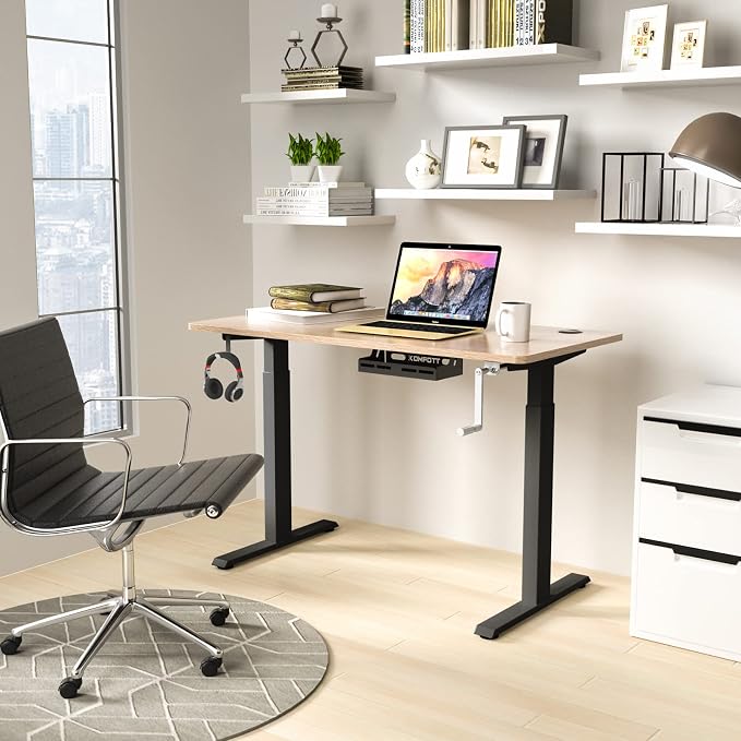 COSTWAY Crank Standing Desk Frame, Manual Hand Crank Workstation Base, Ergonomic Sit to Stand Base w/Foldable Crank Handle, Hook, Cable Management Rack (Black)