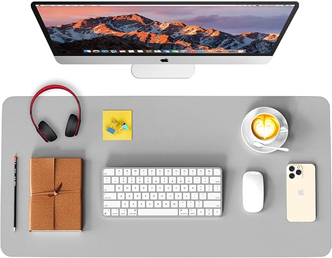 Leather Desk Pad Protector, Waterproof Mouse Pad, PU Desk Mat, Office Desk Cover, Desk Writing Mat for Office/Home/Work/Cubicle (Light Gray) 23.6x13.7 in