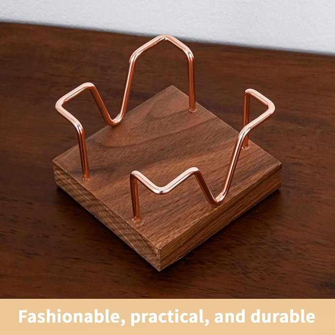 Walnut Wood Sticky Note Holder, 3 x 3 inch Self Stick Note Pad Holder, Post It Note Dispenser Desk Accessories for School and Office Desk Organizer, Rose Gold