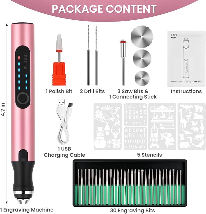 Electric Engraving Pen with 37 Bits, USB Rechargeable Cordless Etching Engraving Tool, Portable DIY Rotary Engraver for Jewelry Wood Glass Stone Carving (Rose Red)