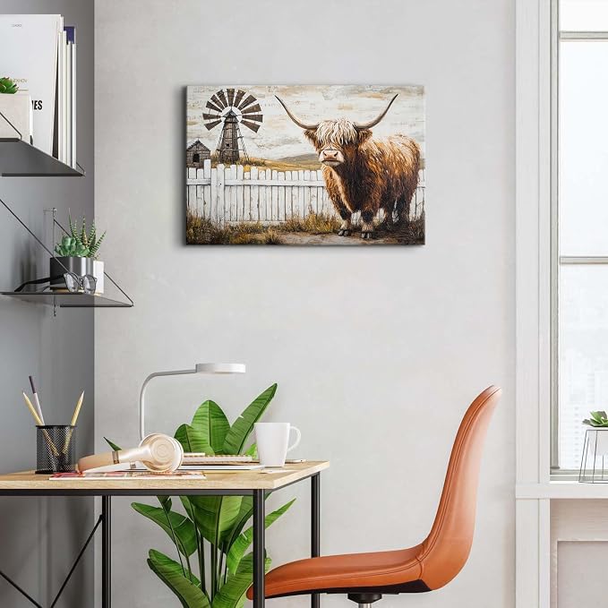 Retro Highland Cow Wall Art for Living Room Country Barn Pictures Wall Decor Fall Windmill Scenery Canvas Painting Western Decor Wildlife Poster Prints Artwork Farmhouse Kitchen Decorations 16x24"