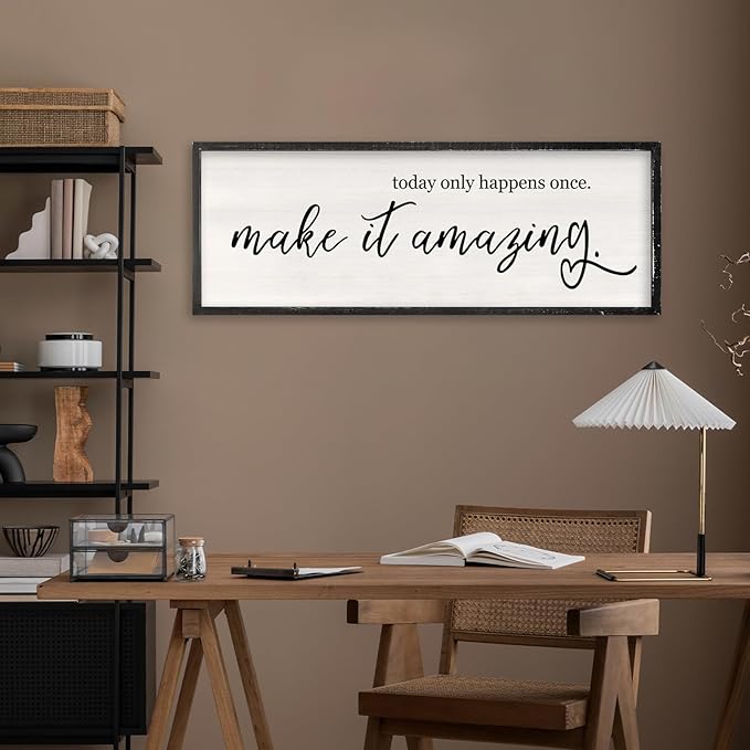 RLWangChao Today Only Happens Once Make It Amazing Wall Art Decor 32x12 Inch Large Inspirational Quote Sign Rustic Living Room Vintage Wood Frame Office Motivational Home Wall Hanging (Black)