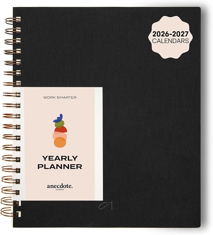 Anecdote Planner 2026 (8.5" x 10") Spiral Notebook - 2026 Daily Planner Weekly and Monthly - Features a Library Buckram Cover, Brass and A4 Size Bleed-Resistant Paper - Organize All 52 Weeks. Start Anytime – Black