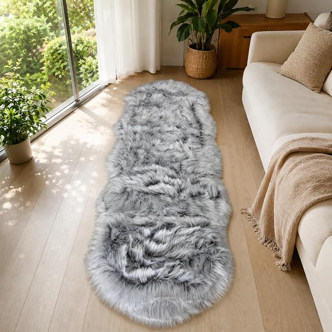 EasyJoy Faux Sheepskin Rug, 2 x 6 ft, Frosted Bottom Gray | Fluffy Faux Fur, Ultra Soft Shag, Non-Slip Backing, For Bedroom, Living Room, Nursery, Kids Room