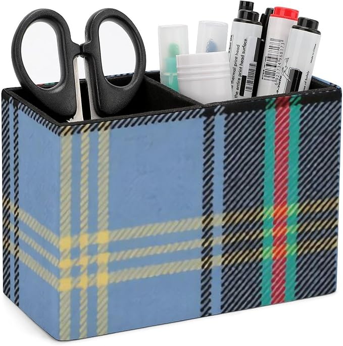 BELL OF THE BORDERS TARTAN PU Leather Pen Holder Desk Organizer, 2-Compartment Pencil Container for Office, Home, Vanity Use