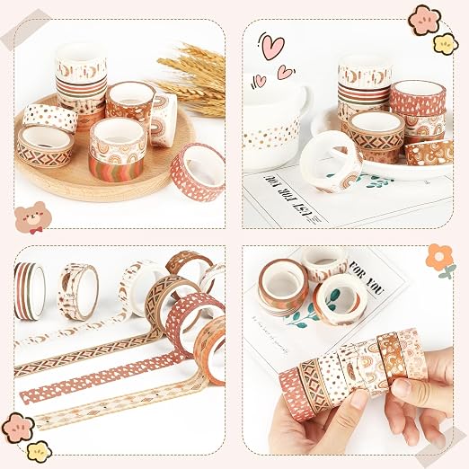 12 Rolls Boho Washi Tape Set, Vintage Watercolor Floral Rainbow Decorative Masking Tapes for Spring Arts DIY Craft Scrapbook Journal Planners Supplies Gift Wrapping 16.4Ft