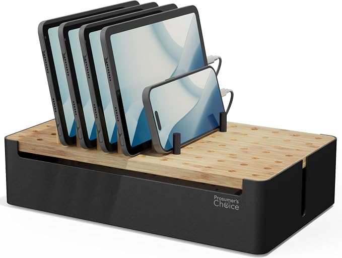 Prosumer's Choice Natural Bamboo Charging Station Rack for Smartphones and Tablets (Metal & Bamboo, Black)