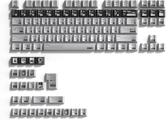 PBT Keycaps with Metal Paint, Janese Style 112-Key Black/Silver Custom Keycap Set dye Sublimation,Cherry Profile Key caps for 61/64/66/68/75/84/87 MX Switches Mechanical Keyboards