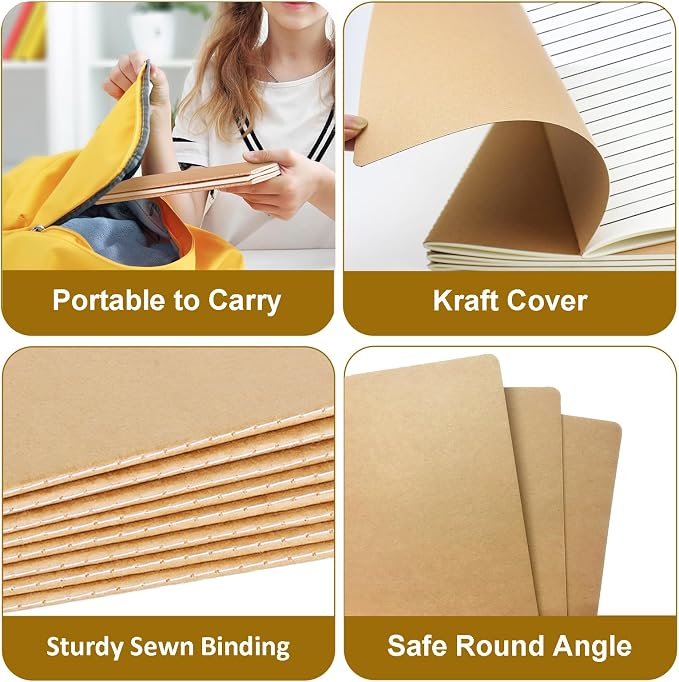 zmybcpack 12 Pack Journal Notebook Kraft Brown Cover Lined Notebooks for Travelers, Students, Office - Memo Diary Subject Notebooks Planner - A5 Size, 8.26”x5.5”, 60 Lined Pages/30 Sheets